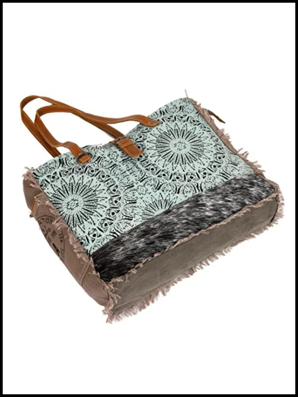 Large Canvas Tote Bag with Cowhide Hair On Leather